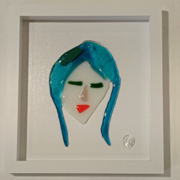 blue hair red lipstick abstract work woman face glass picture frame