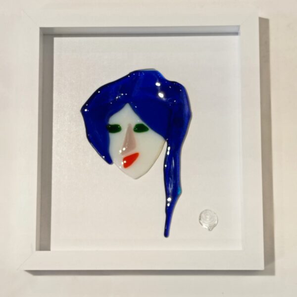 dark blue hair red lipstick abstract work woman face glass picture frame