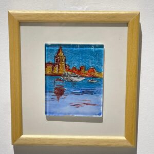 galata tower sea view glass painting wooden framed