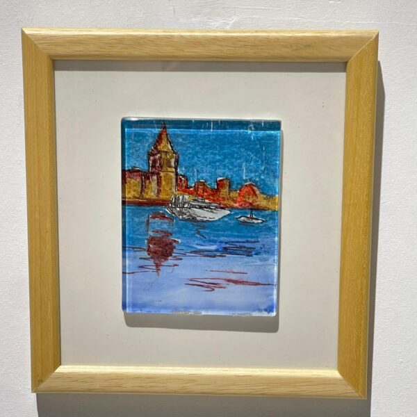 galata tower sea view glass painting wooden framed