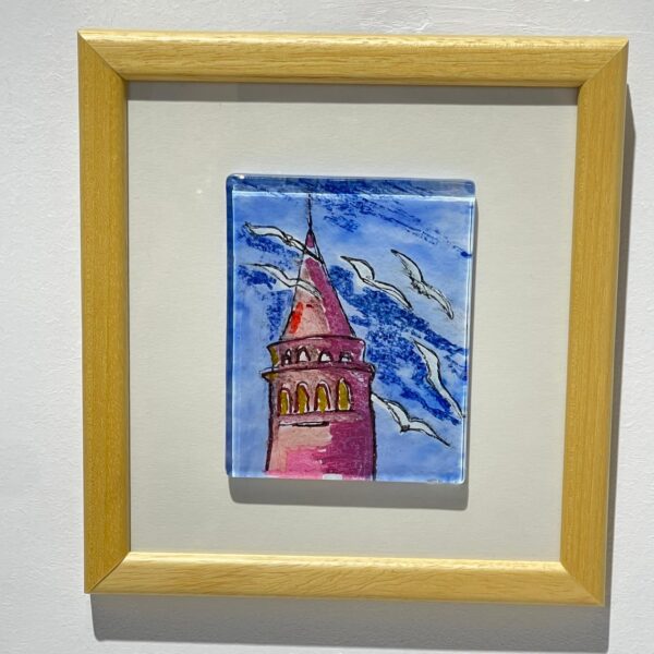 galata tower view glass painting wooden framed