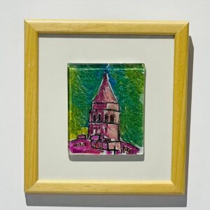purple green galata tower view glass painting wooden framed