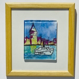 blue yellow galata tower sea view glass painting wooden framed