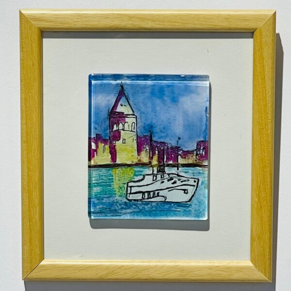 blue yellow galata tower sea view glass painting wooden framed