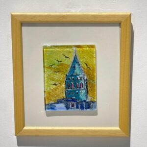 blue yellow galata tower view glass painting wooden framed