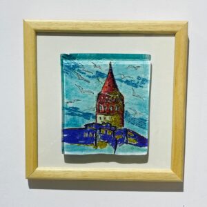 blue red galata tower view glass painting wooden framed