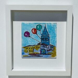 balloons and galata tower view glass painting wooden framed