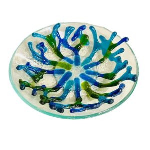 blue green coral patterned glass fusion handmade plate