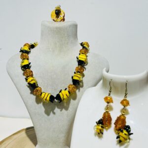fusion glass yellow Black honey bee necklace