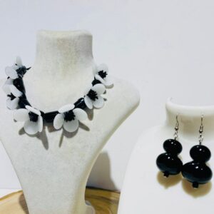 glass fusion black and white floral necklace and earrings set