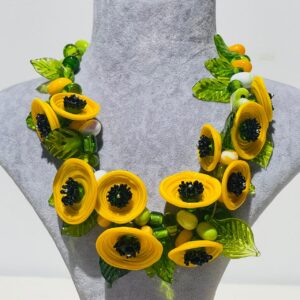 handmade glass fusion necklace with yellow and green flowers