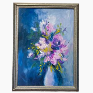 oil painting purple flowers in vase wooden framed picture