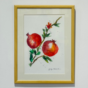 two pomegranates watercolor wooden framed painting symbol of abundance and wealth