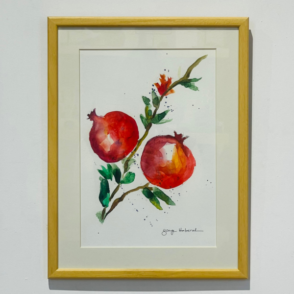 two pomegranates watercolor wooden framed painting symbol of abundance and wealth