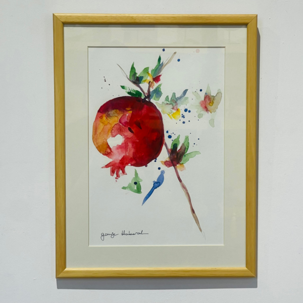 Pomegranate and Birds Watercolor Wooden Framed Painting Symbol of Freedom and Wealth