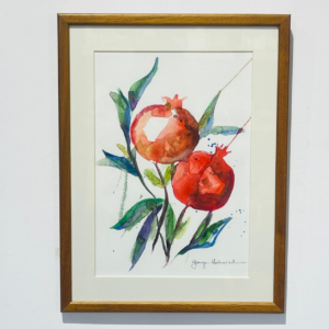 two pomegranates watercolor wooden framed painting symbol of abundance and wealth